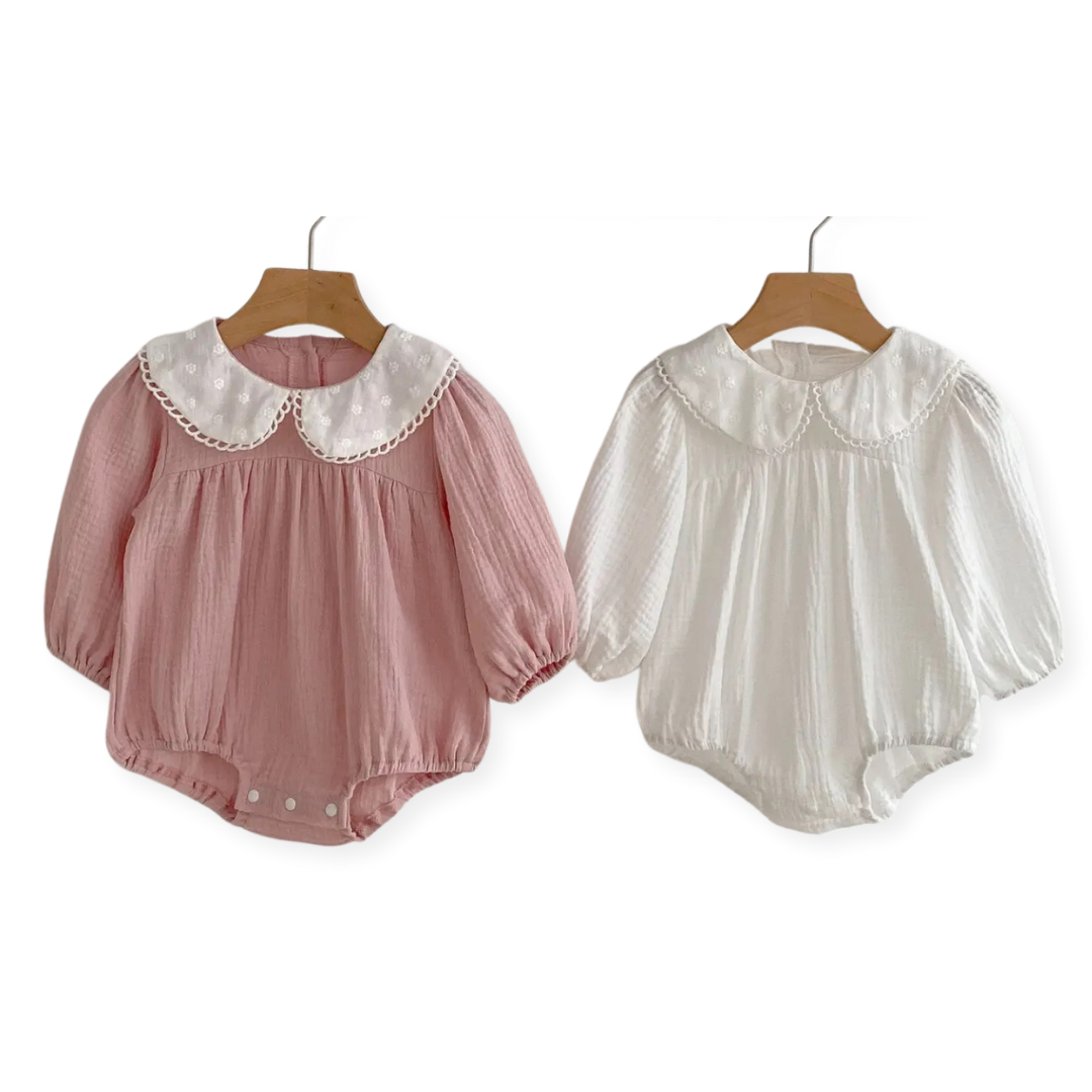 Pink cotton dantel collar onesie
