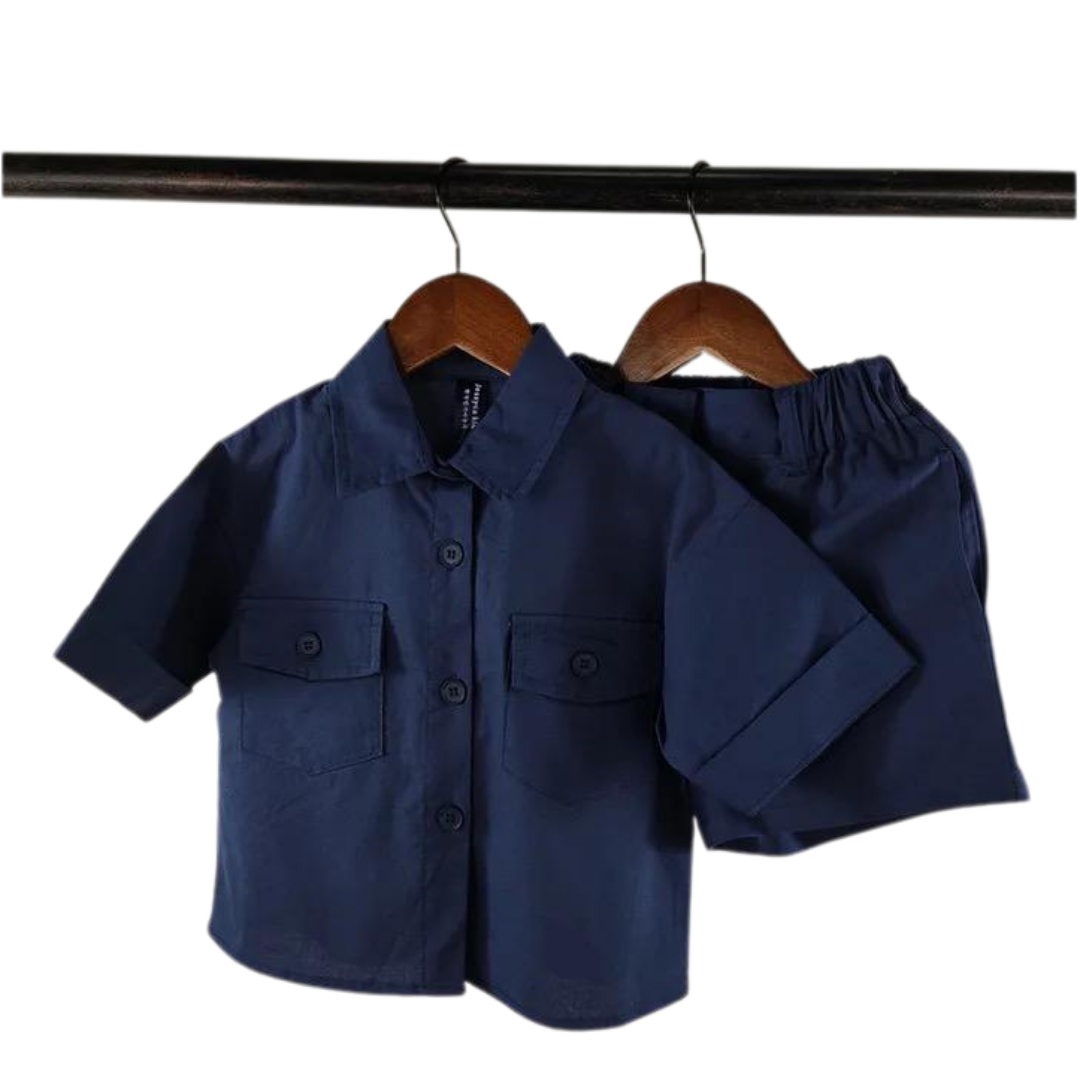 Navy blue blouse and short set