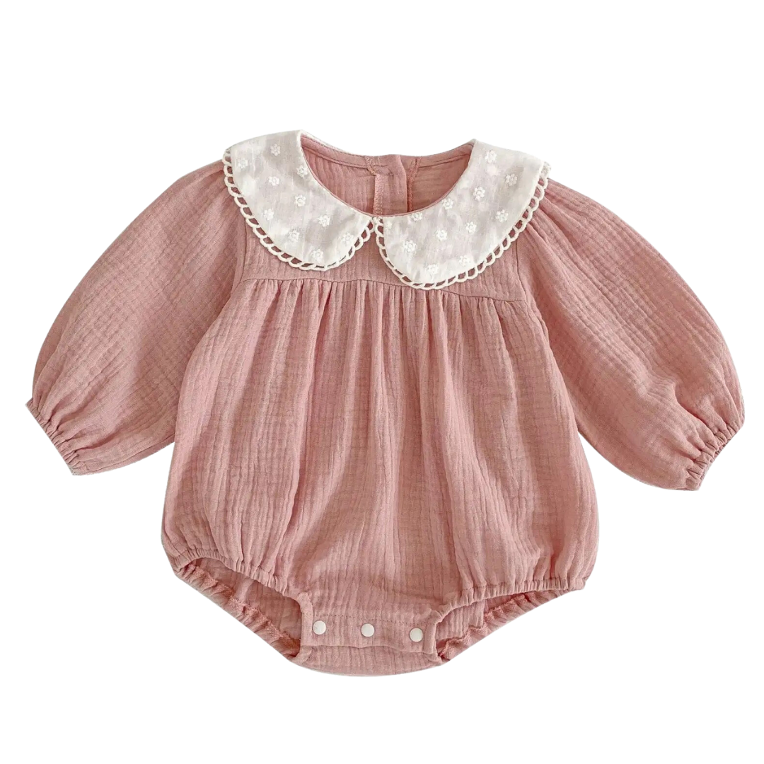 Pink cotton dantel collar onesie
